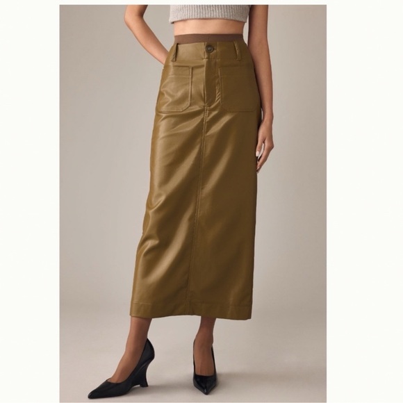 New Anthropologie The Colette Maxi Skirt Maeve Faux Leather Olive Green XXS - Picture 1 of 11